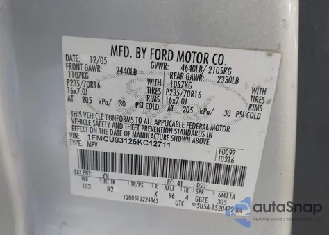 2006 Ford Escape Xlt/Xlt Sport из США, поврежденный, VIN 1FMCU93126KC12711